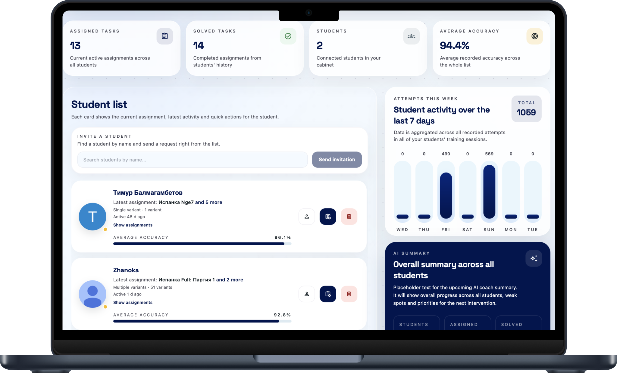 Coach dashboard with progress and alerts