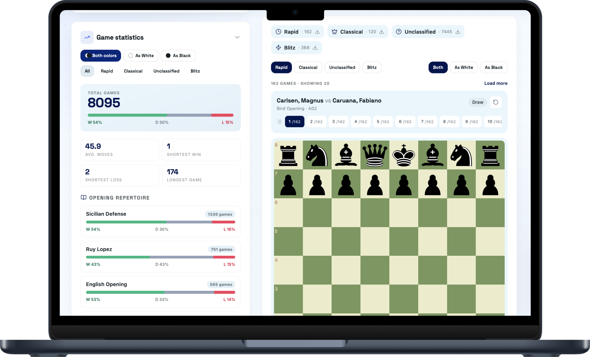 Opponent statistics and historical PGN search
